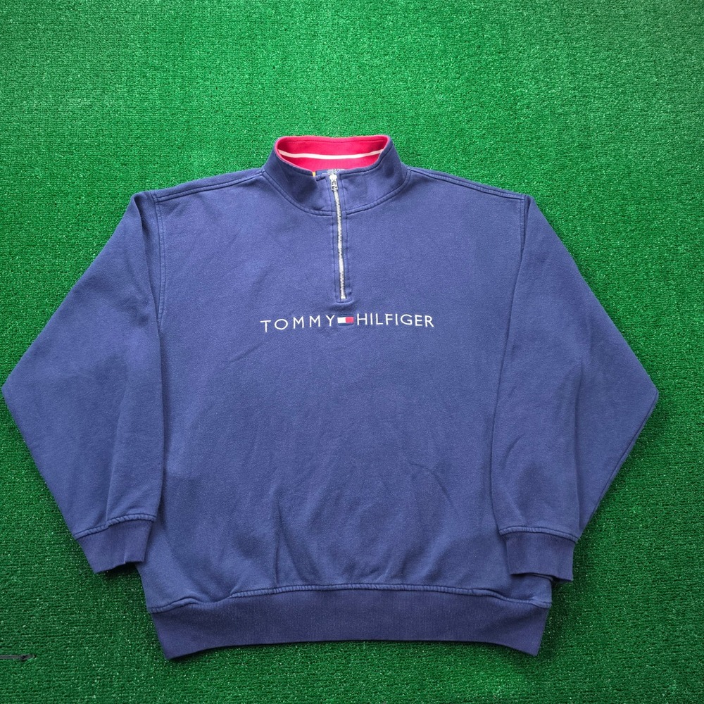 Vintage Tommy Hilfiger Quarter Zip Sweater Mens XL Blue Fleece Embroidered Logo